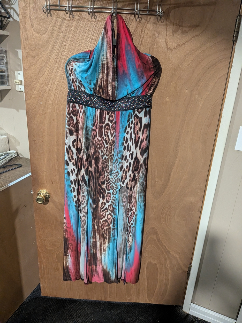 VENUS Strapless Halter Maxi Dress in Turquoise, Coral & Leopard Print